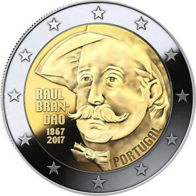 Монета 2 евро 2017 год. Португалия. "150 лет со дня рождения писателя Раула Брандана".